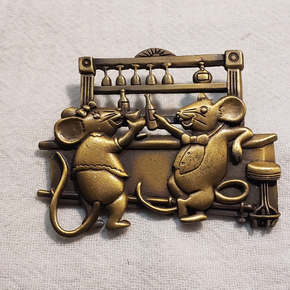 Whimsical Vintage Brushed Brass JJ Two Mice Drinking at the Bar Pin or Brooch